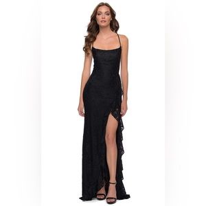 La Femme Black Lace Crisscross Strapped Open Back Ruffle Slit Gown Formal Dress